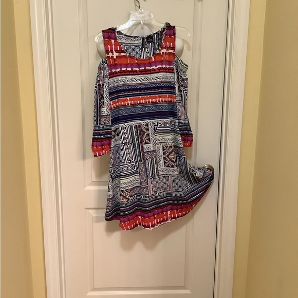 Cold shoulder dress by a new directions, size medium red, white, blue, purple. - Picture 3 of 7